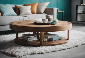 Fototapeta na wymiar Rustic round coffee table near white sofa against turquoise wall Scandinavian home interior design 