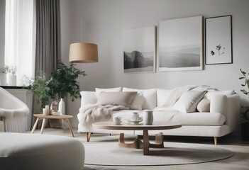 Scandinavian home interior design of modern living room White sofa and round coffee table