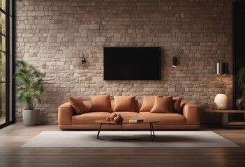 Terra cotta sofa against stone cladding wall and tv on it Farmhouse interior design of modern living room