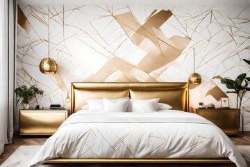 A stunning white and gold bed with smart features, nestled in a minimalist bedroom with an abstract wallpaper.