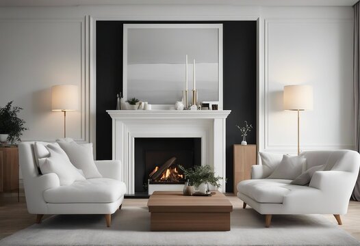 Two white sofas near fireplace against white wall with wooden cabinet and art poster Scandinavian