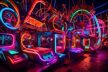 A neon carnival of abstract rides and games, each one a different neon color