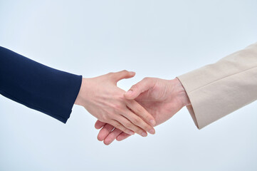 Two men and women in suits are shaking hands.