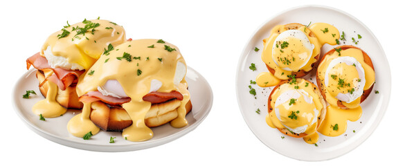 Eggs Benedict with hollandaise sauce isolated on transparent background, food bundle