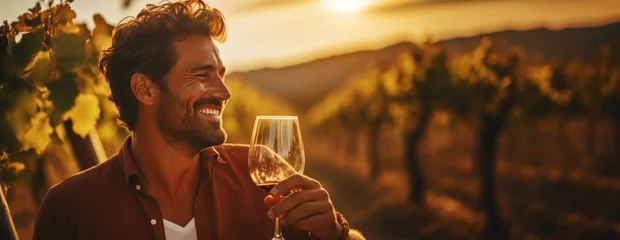 Outdoor kussens Portrait of a smiling man with a glass of wine, blurred backdrop of vineyard on a sunset. Generative AI © AngrySun