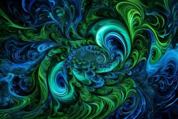 Hypnotic swirls of neon green and electric blue liquid merging in a cosmic dance