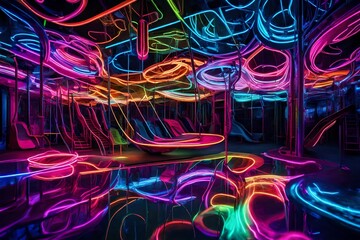 A neon abstract playground, with liquid swings and slides in ever-changing hues - obrazy, fototapety, plakaty