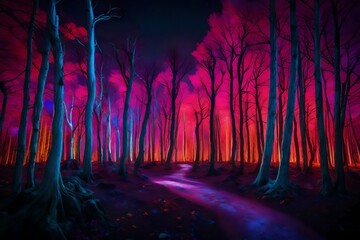 A neon forest at night, with the trees exuding radiant liquid colors