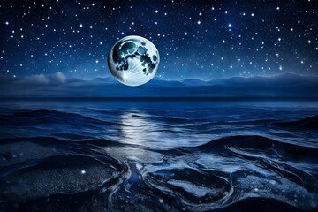 A liquid silver moon reflecting in a sapphire sea under a starry night