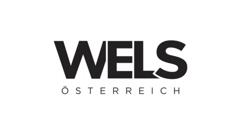 Rideaux velours Typographie positive Wels in the Austria emblem. The design features a geometric style, vector illustration with bold typography in a modern font. The graphic slogan lettering.