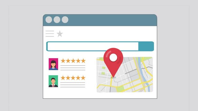 Find Local Business on Online Map Based on Customer Reviews and Rating. Local SEO For Small businesses. Digital website with Business Location and Red Pin. Regional Search Engine Design Animation. 
