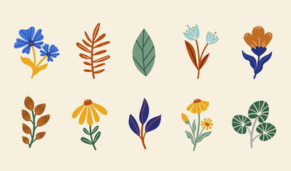 Fototapeta na wymiar Set of vector silhouettes of bright leaves and original flower. Isolated on a white background. Drawing sketches of leaves. Silhouettes of flower flora. 
