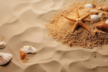 Fototapeta na wymiar Seashells and starfish on beach sand, seaside summer holidays background. Copy space for your text, top view. Vacation memories concept.