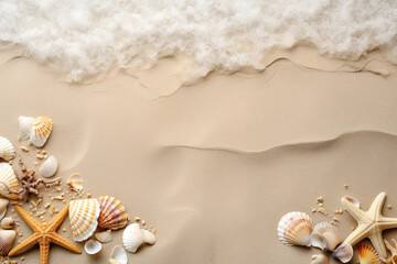 Fototapeta na wymiar Sea sand background with starfishes and seashells, copy space in the middle, sea ​​foam on the top. Sea summer holidays concept. Vacation memories flat lay.