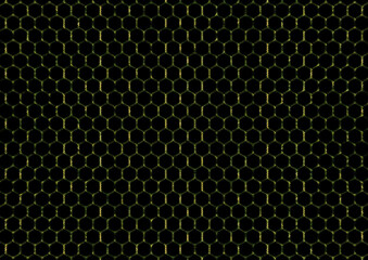 Distinctive abstract design: Hexagonal pattern with black and yellow divisions, vibrant colored cells on a liquid metallic surface - 676332091