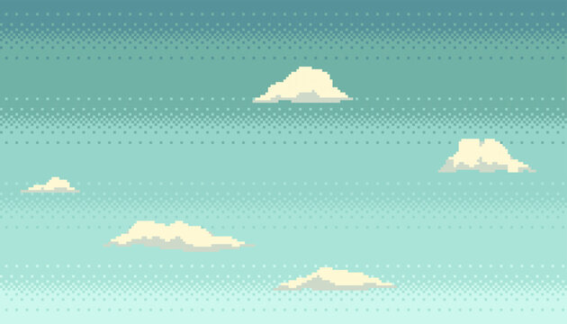 Pixel art clouds background. Seamless sky texture backdrop. Vector illustration.