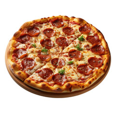 Pepperoni pizza seen from above on transparent background. Isolated png. Generative AI