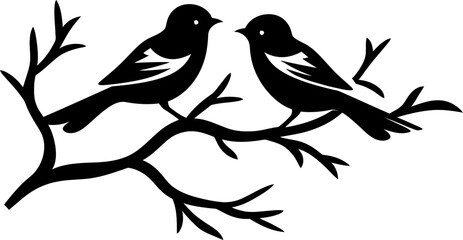 Birds on branch tree silhouette in black color. Vector template for tattoo or laser cutting. - obrazy, fototapety, plakaty