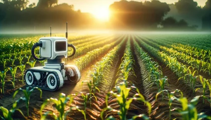 Fotobehang Autonomous robot equipped with advanced sensors surveys the crop rows, illustrating the integration of robotics in modern precision agriculture. © John