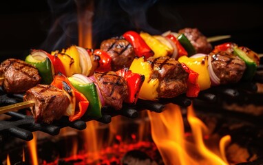 Barbecue, BBQ skewers of kebab meat and vegetables on an fire grill.