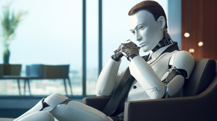 Portrait of human like robot relaxing in living room. Futuristic modern cyborg in apartment
