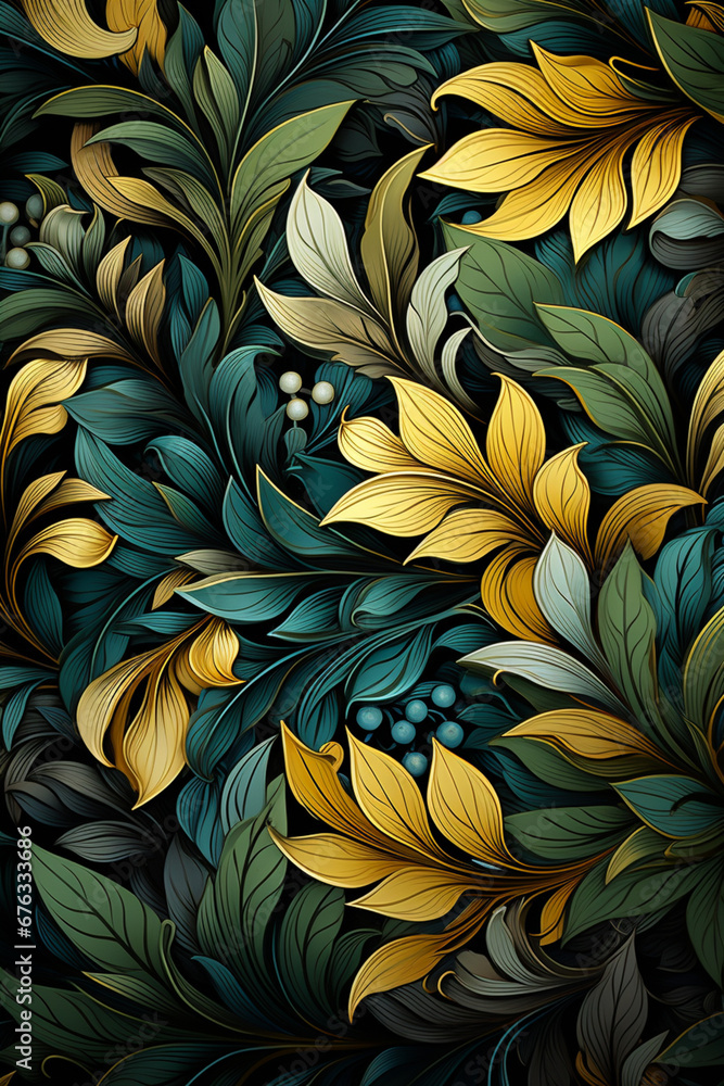 Poster a close-up of a laurel wreath's leaves, capturing their vibrant green color and the intricate patter