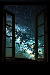 Window with milky way galaxy view generative AI