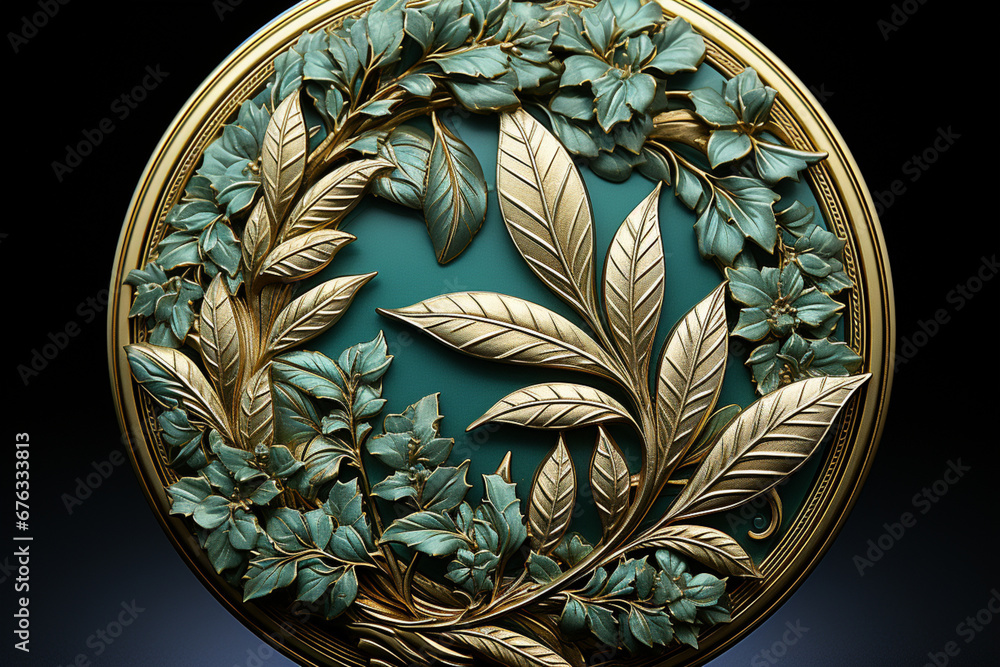 Poster a photograph of a laurel wreath as part of a design on a medal or coin, commemorating exceptional ac
