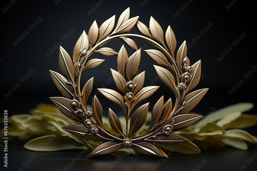Poster a photograph of a laurel wreath as part of a design on a medal or coin, commemorating exceptional ac