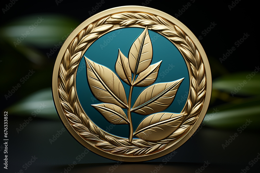 Poster a photograph of a laurel wreath as part of a design on a medal or coin, commemorating exceptional ac