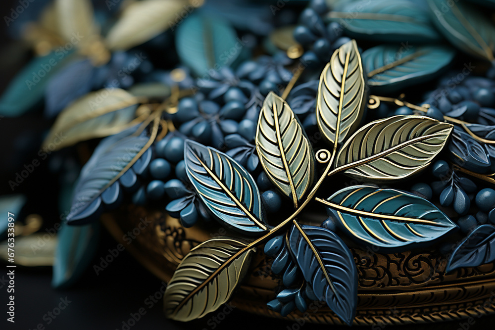 Fototapete a close-up of a laurel wreath's leaves, capturing their vibrant green color and the intricate patter