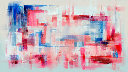 Bright abstract painting on canvas for cover, with accents of blue and red magenta paint, hand-drawn artwork in a modern style