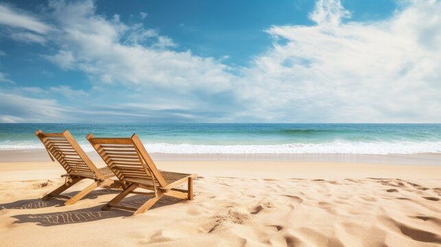 Wooden sun loungers on the sand of a deserted beach facing the sea on a beautiful day