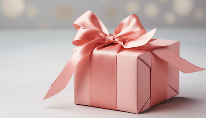 Pink gift box with ribbon on neutral background - obrazy, fototapety, plakaty
