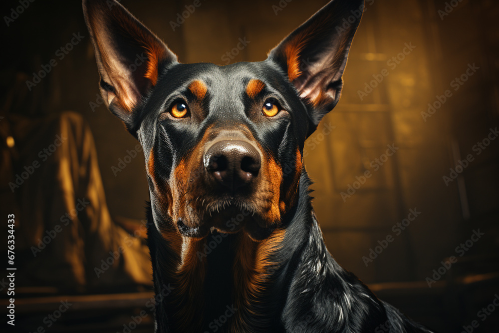 Poster A dynamic image of a Doberman in mid-run, showcasing its sleek and powerful physique as it moves with grace and agility.  