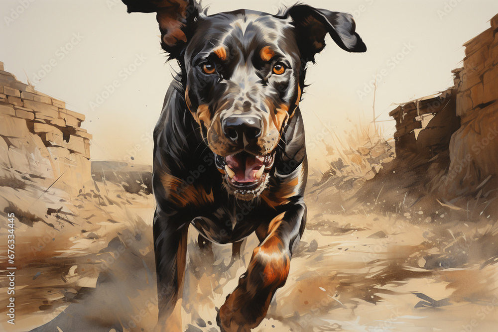 Aufkleber A dynamic image of a Doberman in mid-run, showcasing its sleek and powerful physique as it moves with grace and agility.  