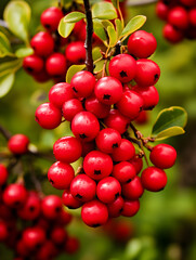 Obraz premium Ripe red cranberries growing on a bush, blurred background 