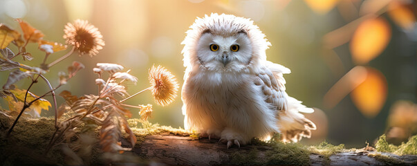 Cute white owl in sunny light. Snowy owl portrait. copy space for text.
