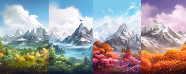 Four season moutains scenery, Abstract Forest and Mountains in winter, summer, spring, autumn. - obrazy, fototapety, plakaty