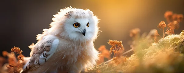 Poster Cute white owl in sunny light. Snowy owl portrait. copy space for text. © Milan