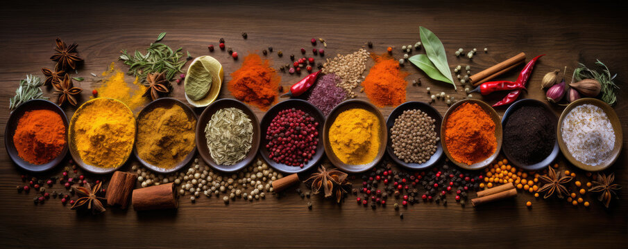 Spices in various colors on wooden table. Spice background on the table, banner