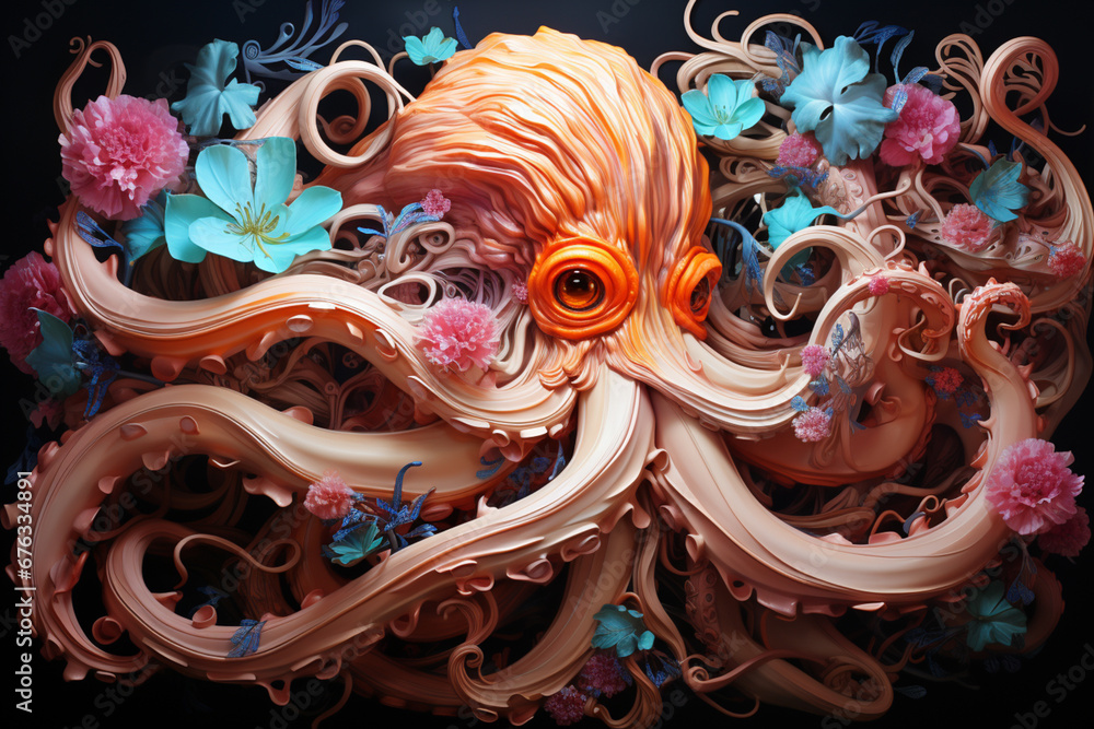 Aufkleber abstract octopus with soft waves and lines in pastel colors.  