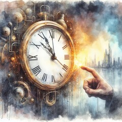 The Power of Time in Business: An Abstract Watercolor Image of a Clock and a Hand Pointing at Roman Numerals.