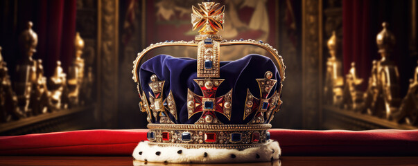 Royality kings crown in palace room background. - obrazy, fototapety, plakaty