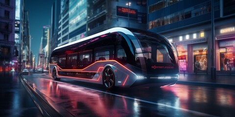 Futuristic Electric Bus Driving in Urban City Environment, Ultra High Definition Quality