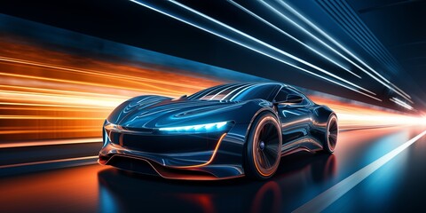 Futuristic Electric Car Driving on the Highway, UHD Image - obrazy, fototapety, plakaty