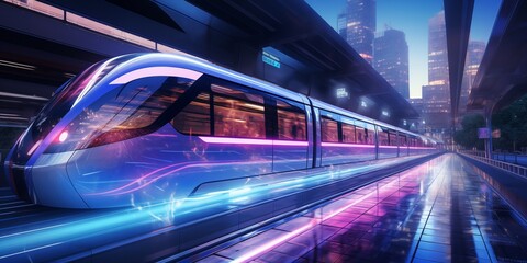 Fototapeta na wymiar Futuristic Electric Subway Train Driving in the City, Ultra High Definition Imagery