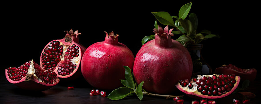 Red pomegranate fruit on black bacgound. copy space for text.