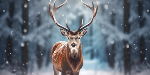 Noble deer in winter forest. Autumn scene with reindeer. Snowy winter christmas landscape - Powered by Adobe
