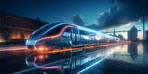 Futuristic Electric Train Driving to a UHD City in Transit, A Vision of Advanced Transportation System